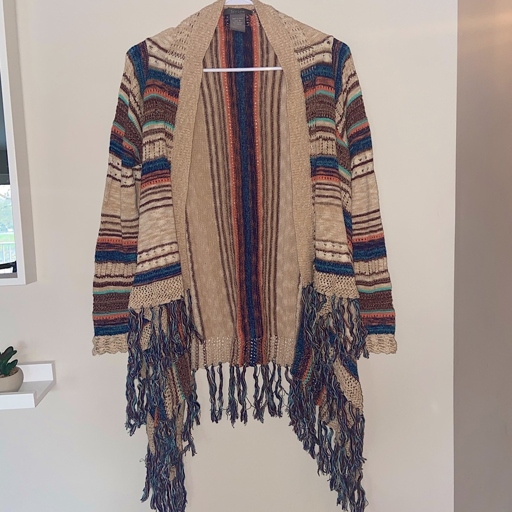 Su & Lola Boho Bright Striped Fringe Open Front Cardigan - Size Medium